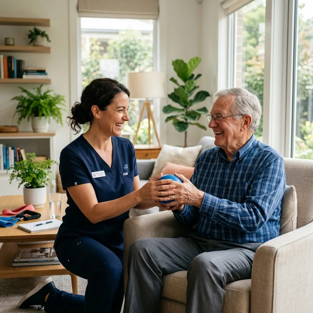 Fisioterapeuta sorrindo durante atendimento domiciliar personalizado