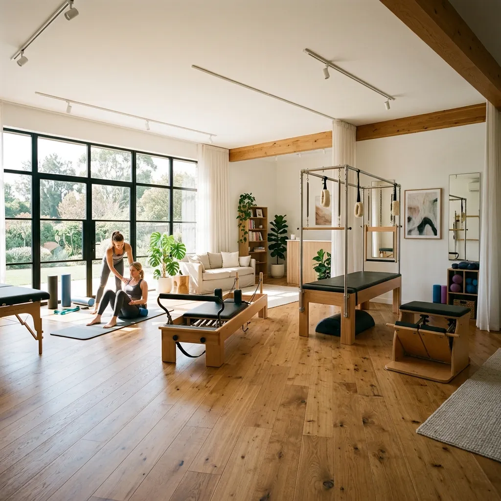 Interior amplo e iluminado do Karuna Studio com equipamentos de fisioterapia